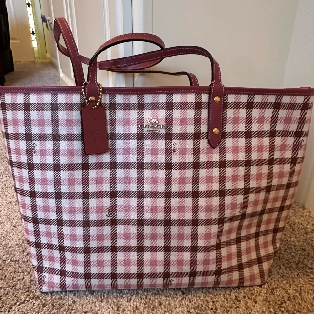 Coach Plaid Tote Bag - Pink and White